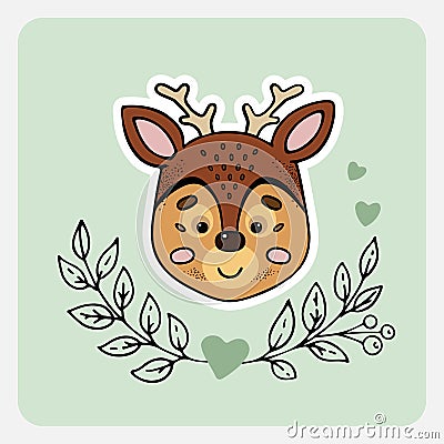 Deer. Cute funny hand drawn animal with hearts, leaves and branches. Vector Illustration